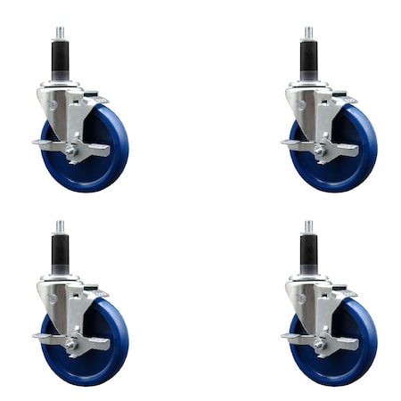 Service Caster 5'' SS Solid Poly Swivel 1-1/8'' Expanding Stem Caster Set with Brake, 4PK SCC-SSEX20S514-SPUS-TLB-118-4